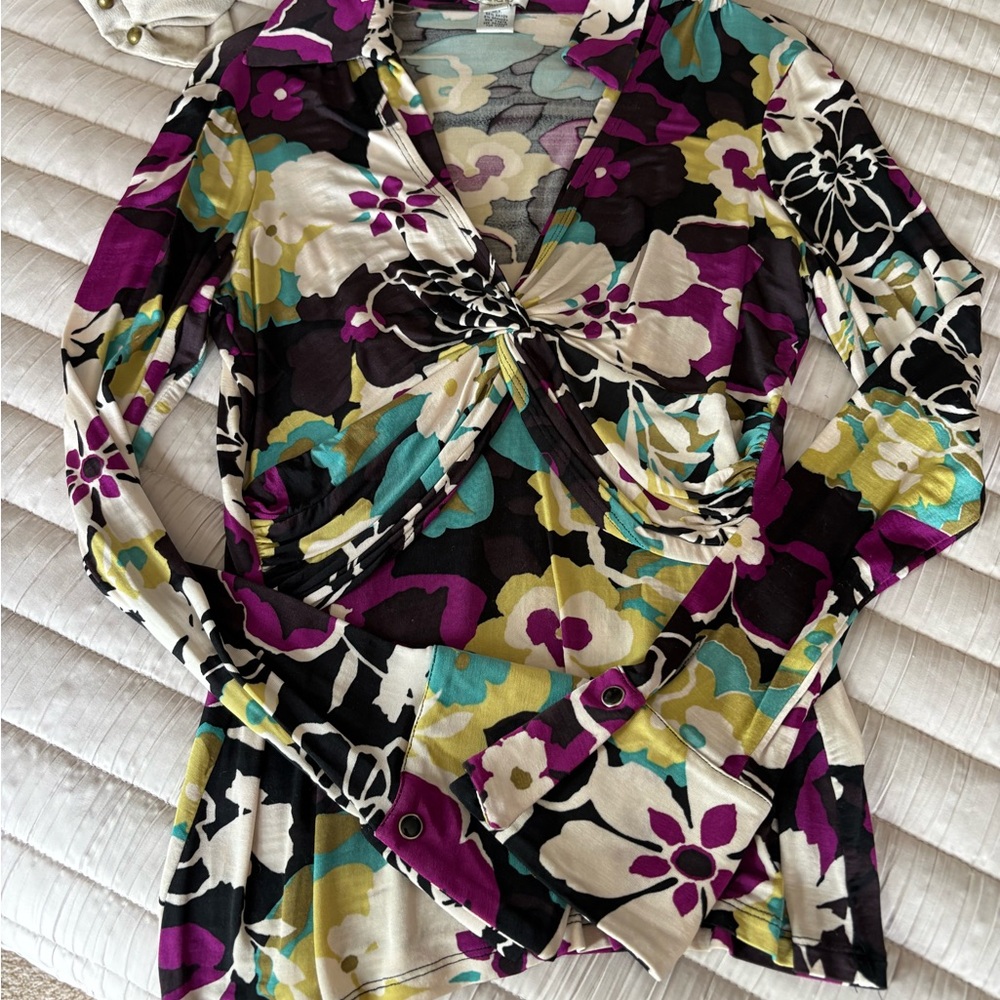 Cache Graphic Long Sleeve Blouse with Tie Front